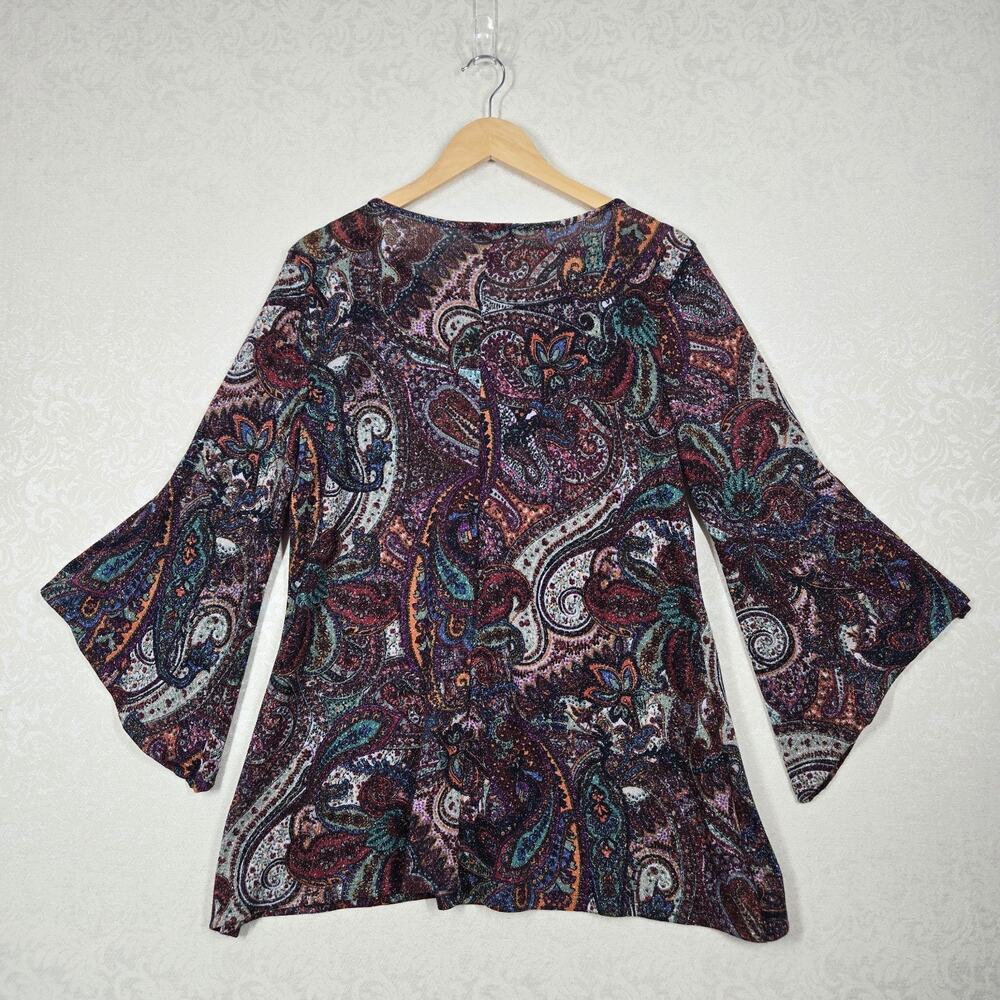 Cocomo Top L Paisley Multicolor Metallic Shimmer Knit Flowy Bell Sleeve Boho - Picture 7 of 12